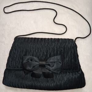 Chic Black Satin Clutch with Bow Accent